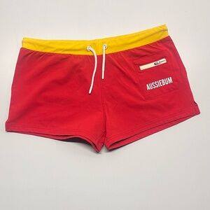 Aussiebum Surfstretch Red Swim Trunks XL Yellow Waistband Front & Back Pockets